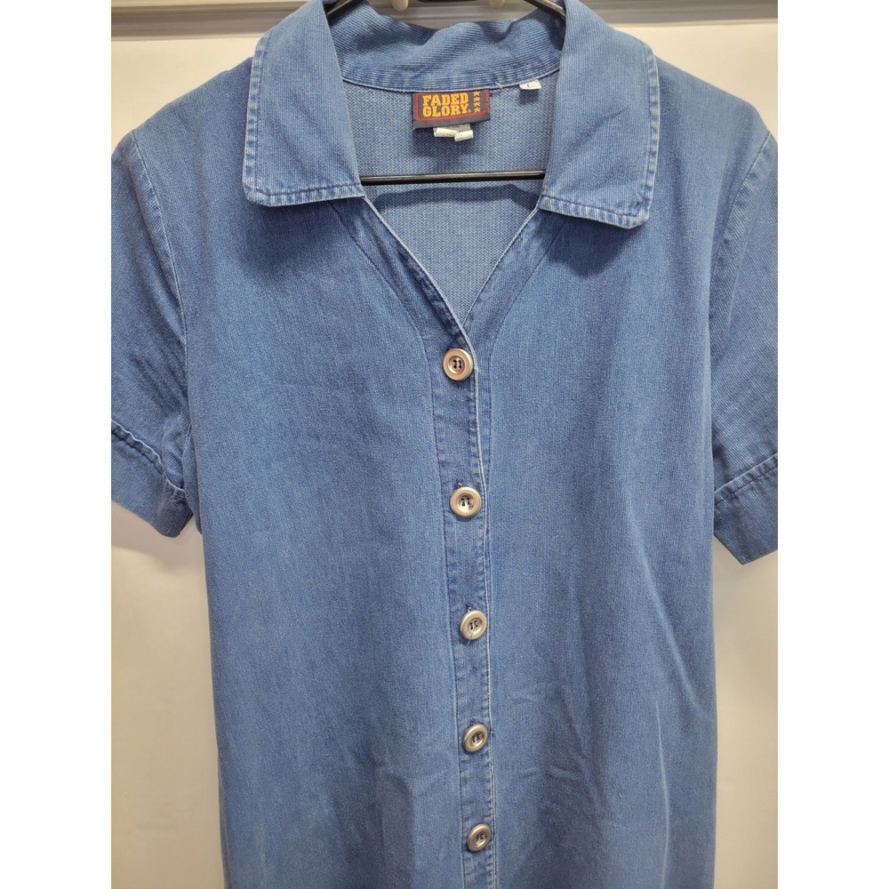 Faded Glory Womens Denim Maxi Dress Blue Button Front Cotton Short Sleeve Size L